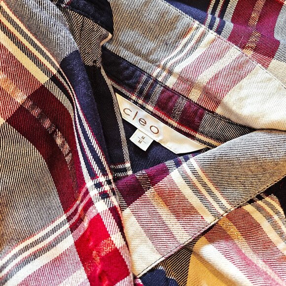 CLEO, Plaid navy/burgundy button down top with slight metallic thread detailing - Picture 8 of 8